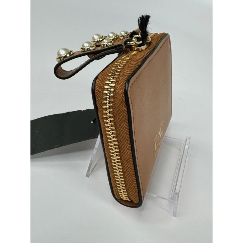 Zac Eartha Mini Bow Zipped Small Leather Wallet Brown Pearl Detail NWT